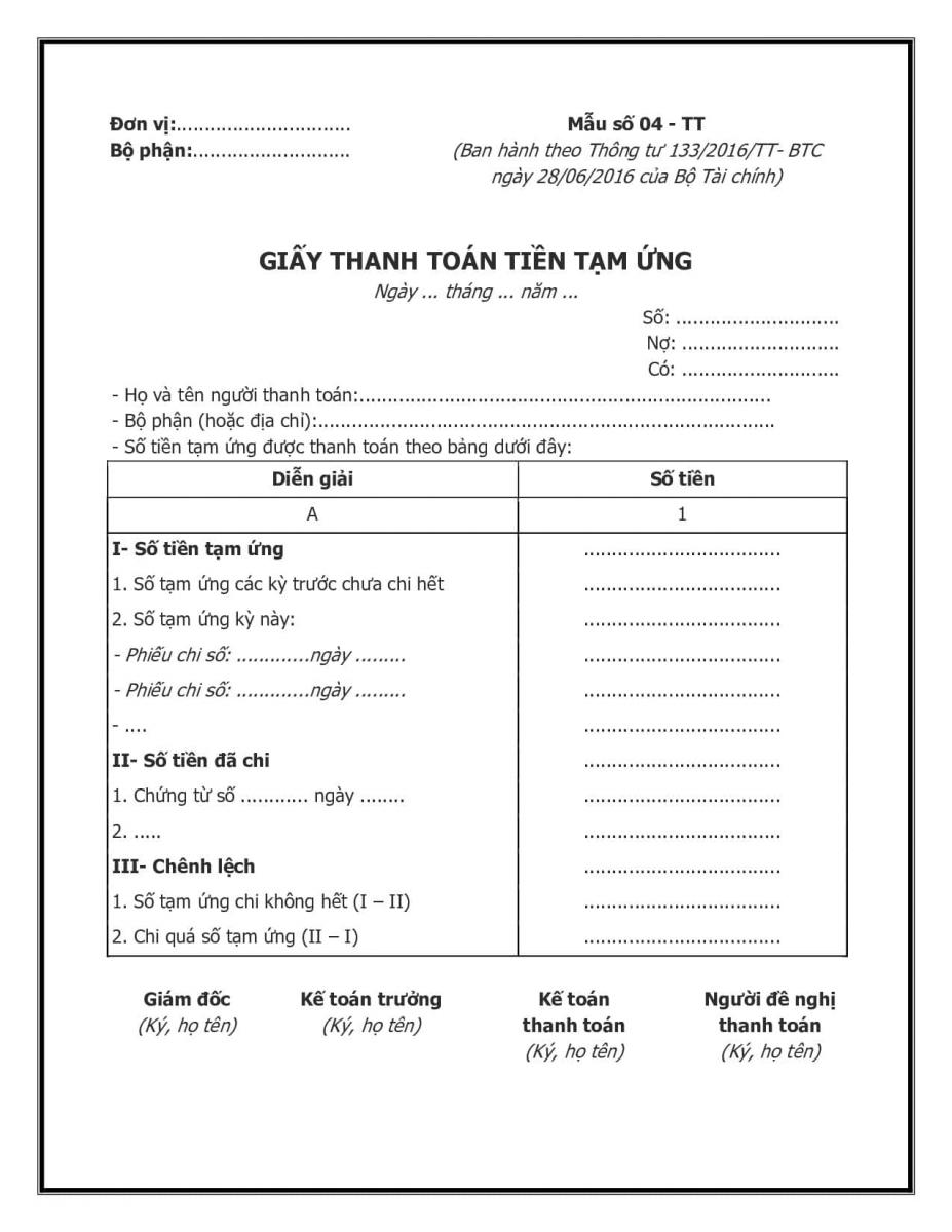 Mẫu giấy đề nghị thanh toán tạm ứng
