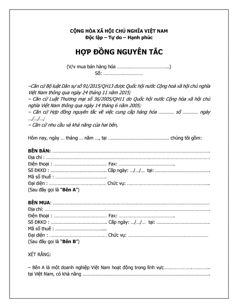 hợp đồng nguy&ecirc;n tắc
