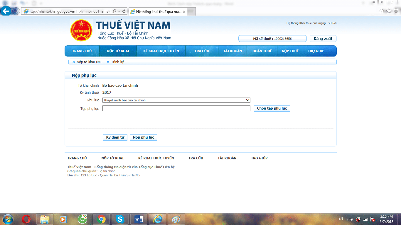 Thao t&aacute;c gửi Thuyết minh B&aacute;o c&aacute;o t&agrave;i ch&iacute;nh qua mạng