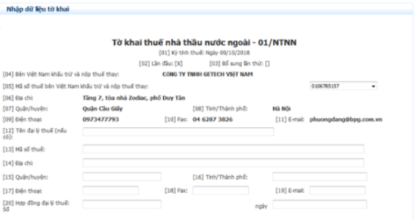 Tờ khai thuế nhà thầu