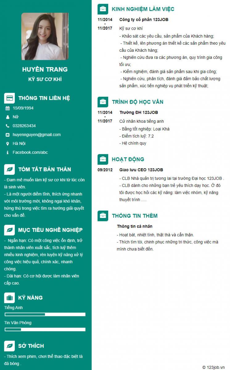 Mẫu cv kỹ sư cơ kh&iacute;