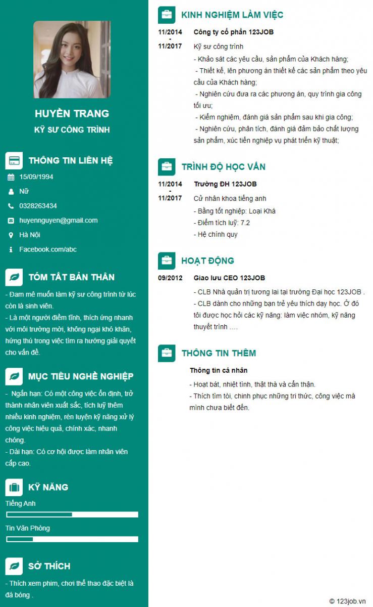 Mẫu cv kỹ sư c&ocirc;ng tr&igrave;nh