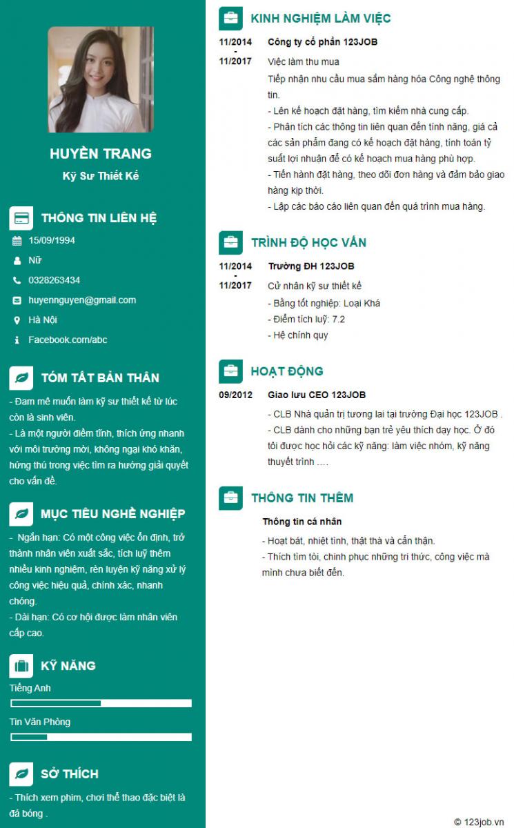 Mẫu cv kỹ sư thiết kế