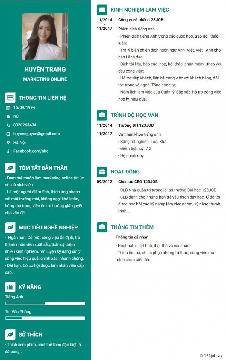Mẫu cv marketing chuy&ecirc;n nghiệp