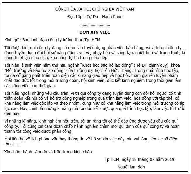 Mẫu đơn xin việc viết tay thứ 2