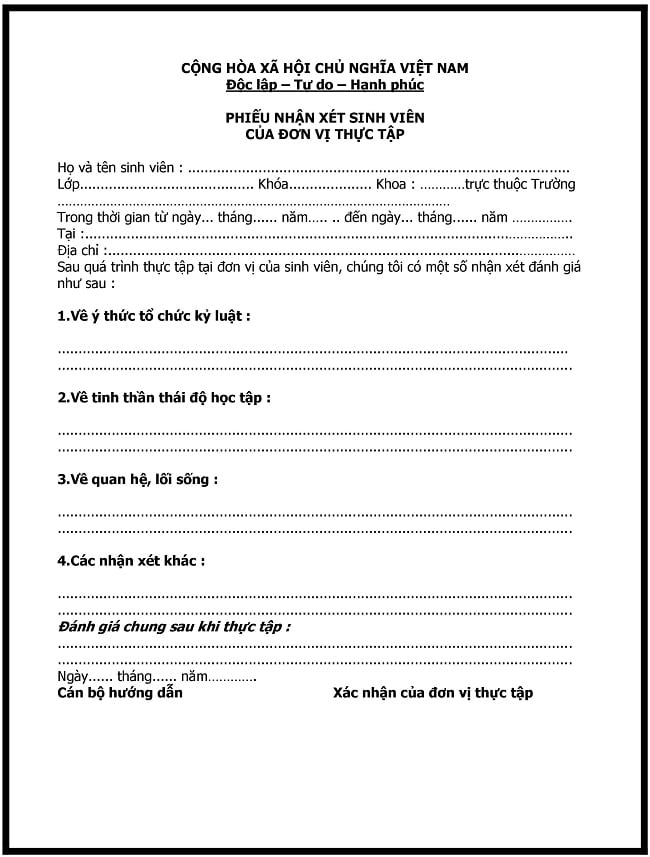 Mẫu 2- nhận x&eacute;t thực tập tại c&ocirc;ng ty 