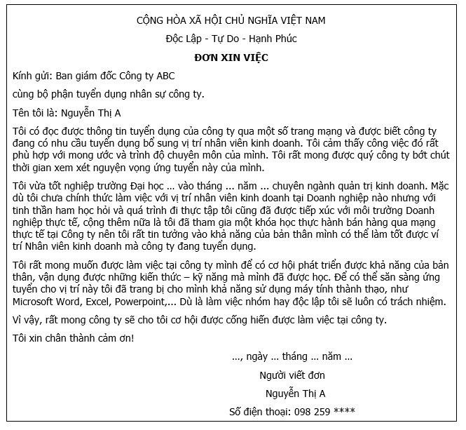 Mẫu đơn xin việc viết tay cho sinh vi&ecirc;n mới ra trường