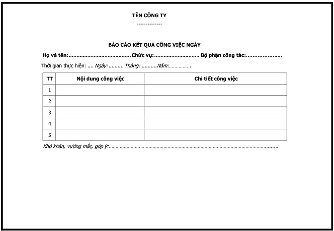 Mẫu b&aacute;o c&aacute;o c&ocirc;ng việc hằng ng&agrave;y