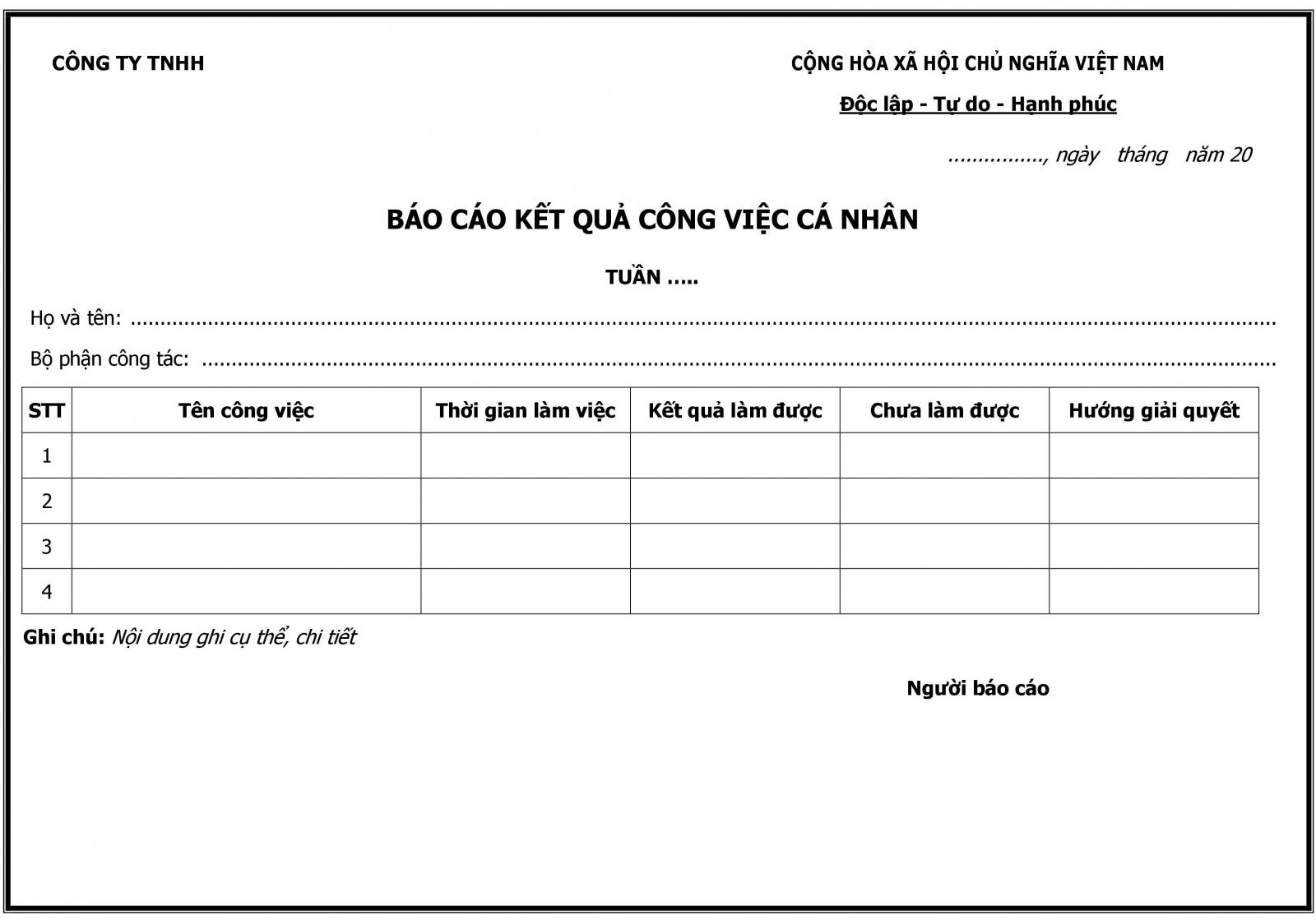 Mẫu b&aacute;o c&aacute;o c&ocirc;ng việc h&agrave;ng tuần