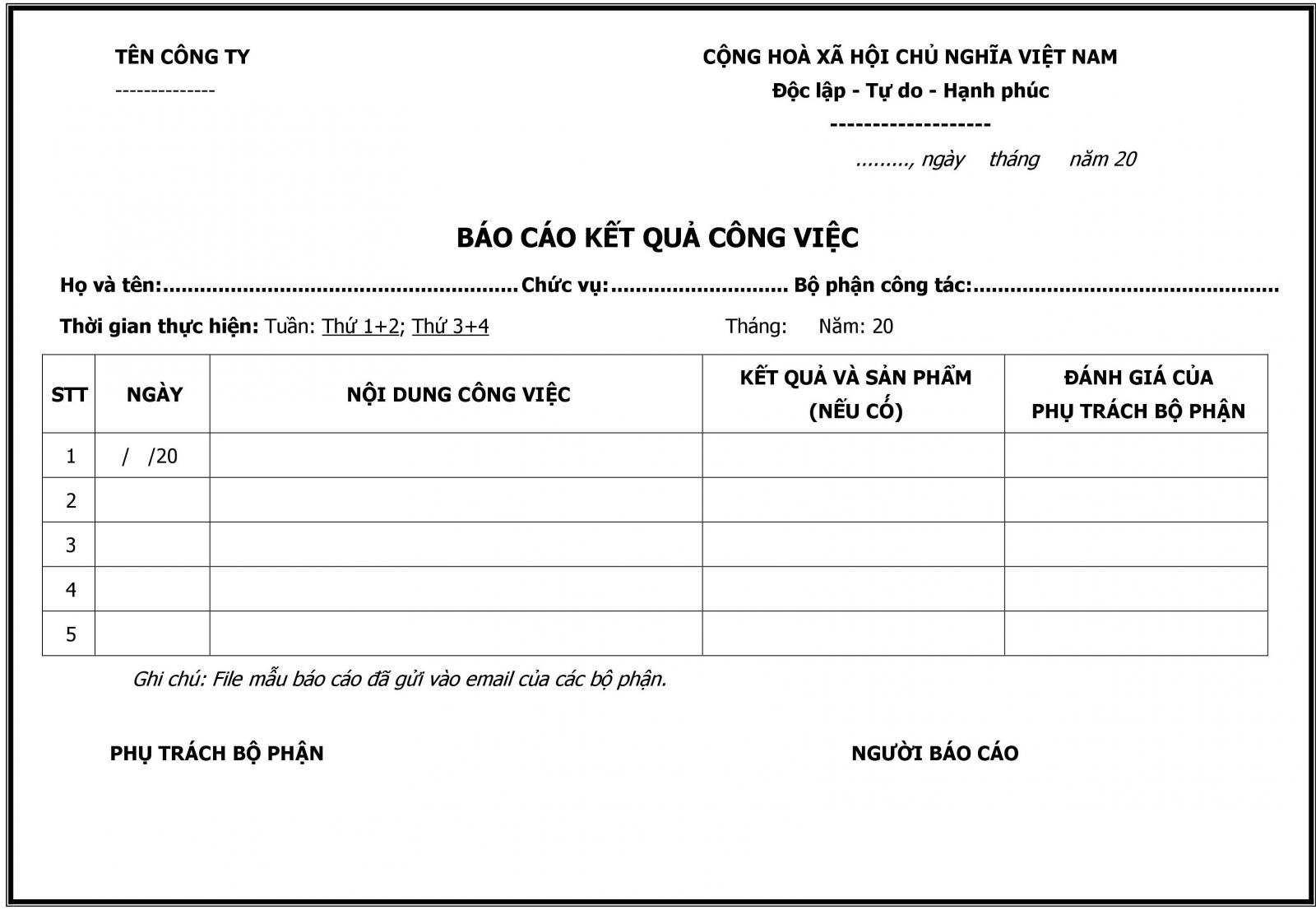 Mẫu b&aacute;o c&aacute;o c&ocirc;ng việc h&agrave;ng tuần