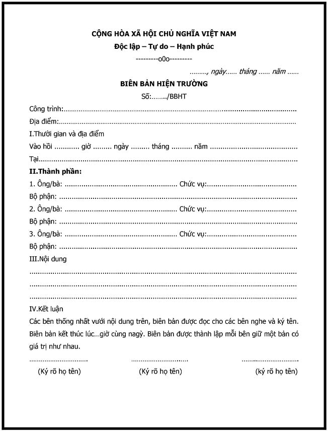 mẫu bi&ecirc;n bản hiện trường x&acirc;y dựng
