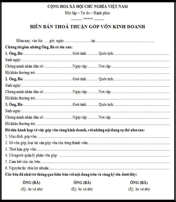 mẫu bi&ecirc;n bản thỏa thuận g&oacute;p vốn kinh doanh