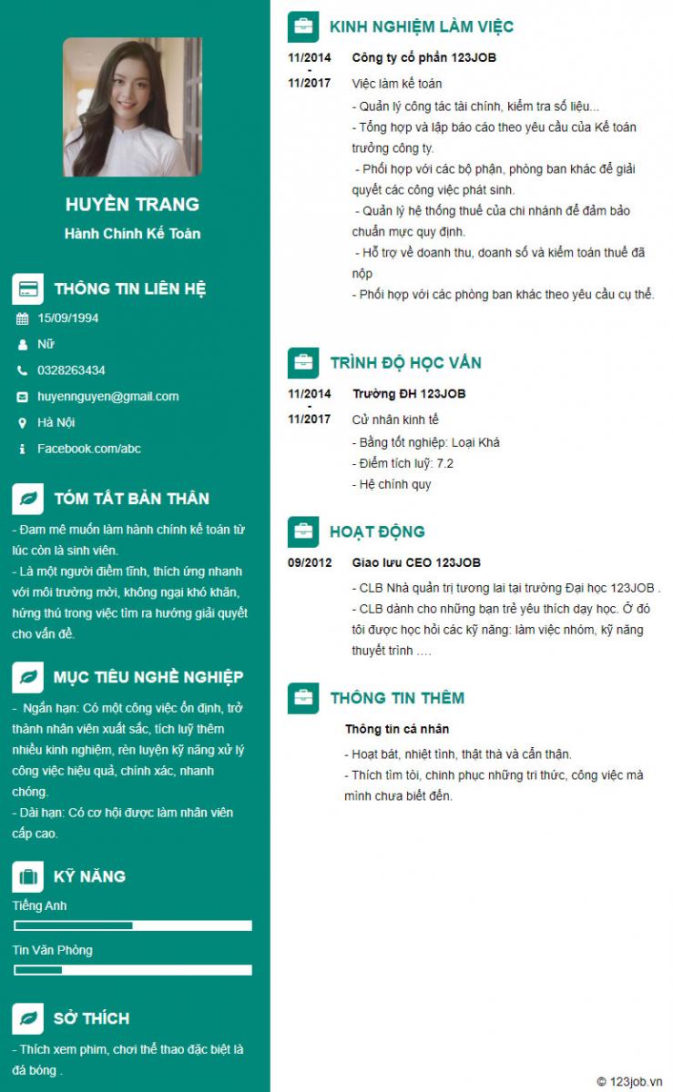 Mẫu cv h&agrave;nh ch&iacute;nh kế to&aacute;n