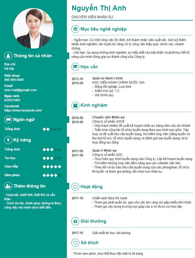 mẫu CV ng&agrave;nh nh&acirc;n sự