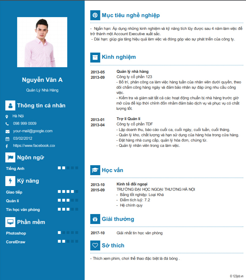 Mẫu CV xin việc nh&agrave; h&agrave;ng