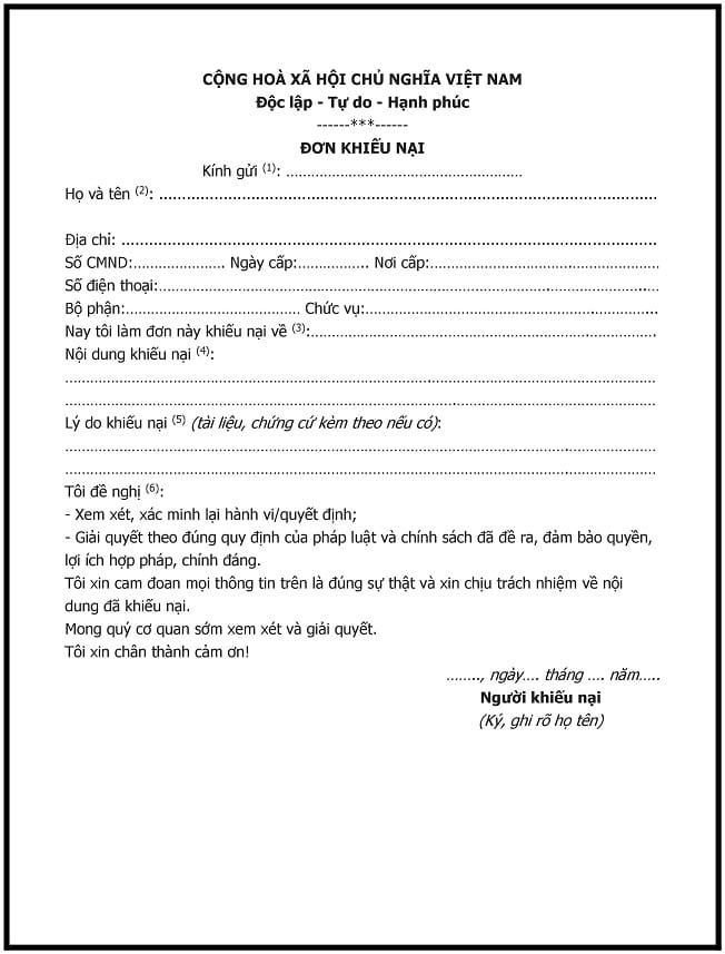 Mẫu đơn khiếu nại
