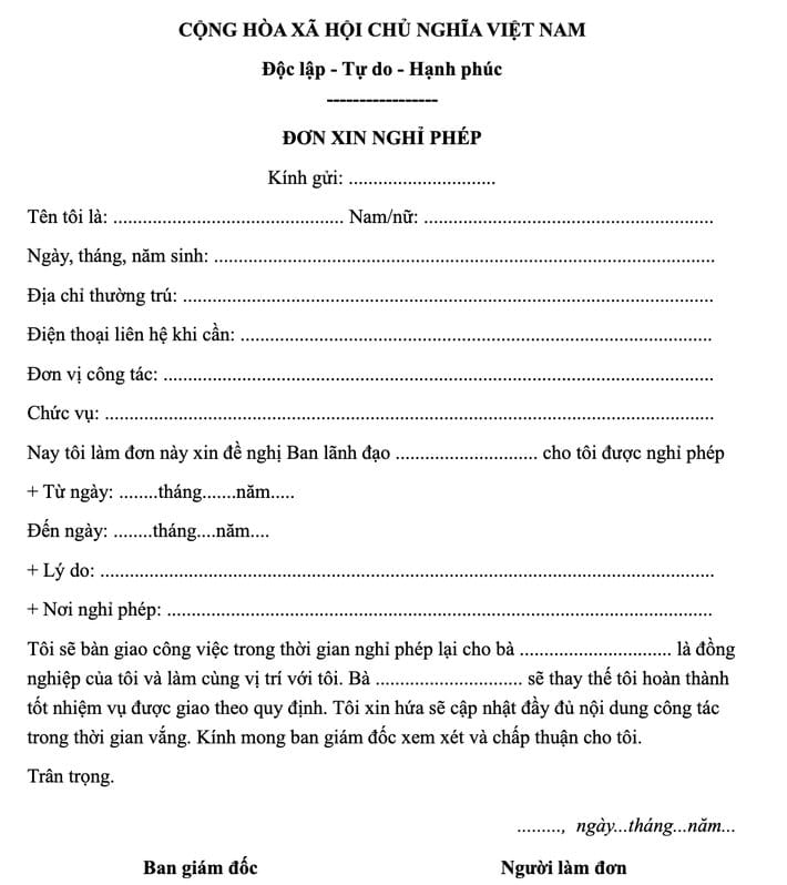 Mẫu đơn xin nghỉ phép của cán bộ công chức
