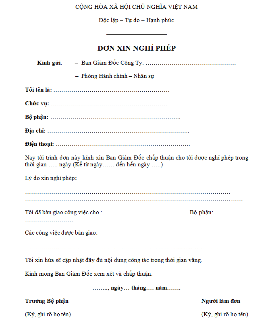 Mẫu đơn xin nghỉ phép năm