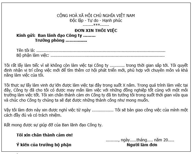 Một mẫu đơn xin nghỉ việc chuẩn
