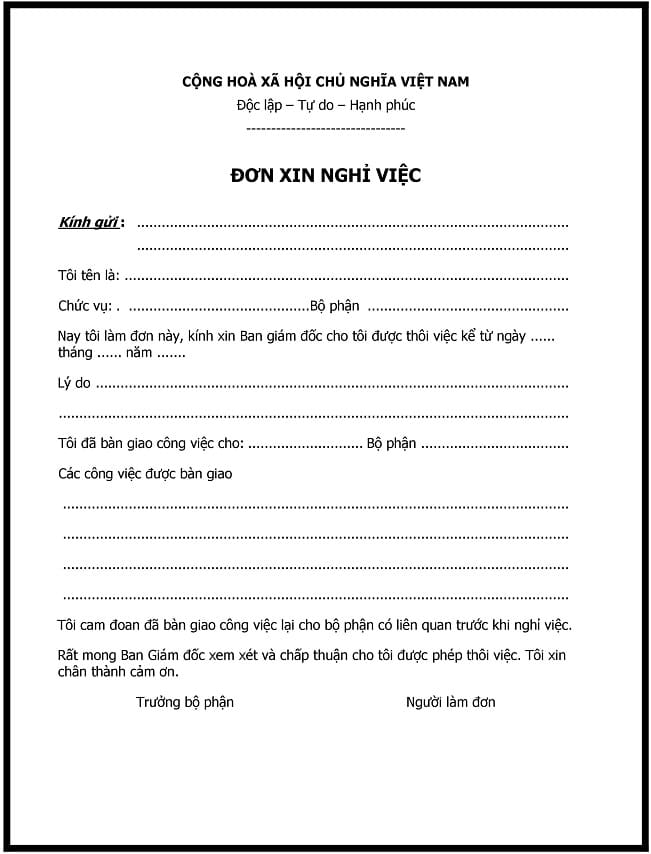 mẫu đơn xin nghỉ việc số 1