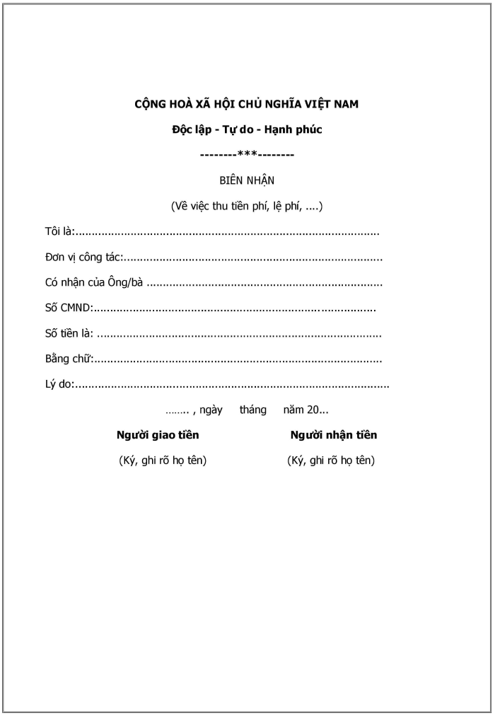 Mẫu giấy bi&ecirc;n nhận tiền cơ bản
