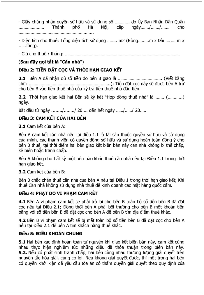 Mẫu giấy bi&ecirc;n nhận tiền đặt cọc thu&ecirc; nh&agrave;