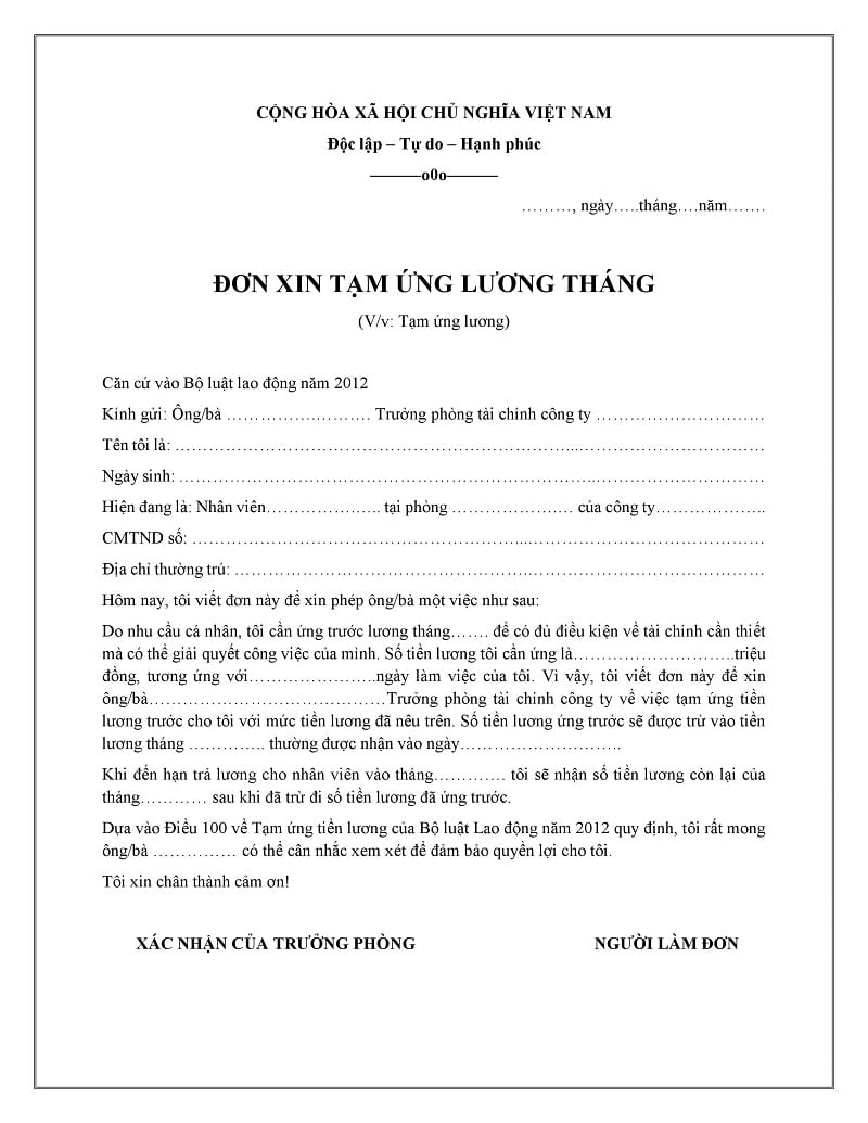 giấy đề nghị tạm ứng