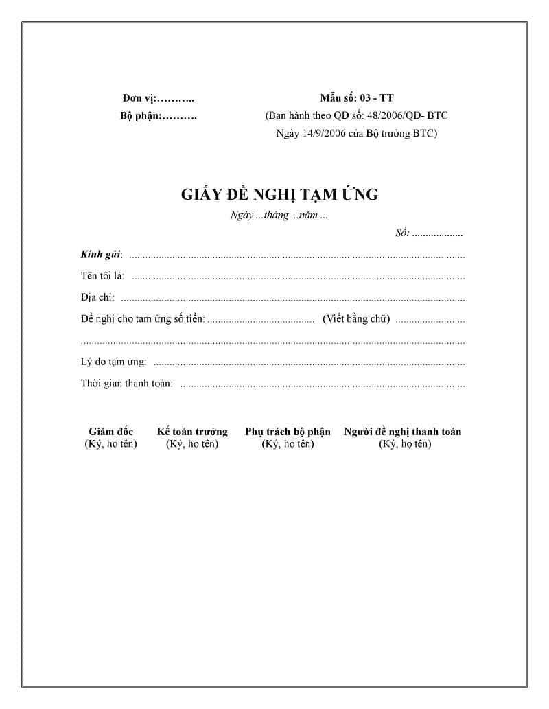giấy đề nghị tạm ứng