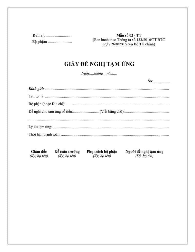 giấy đề nghị tạm ứng