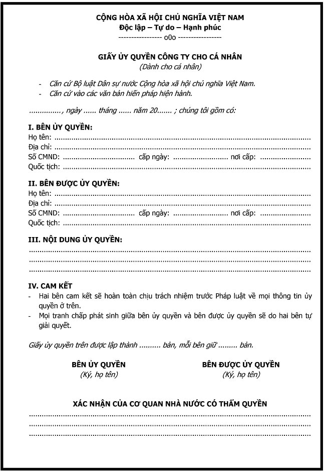 Mẫu giấy ủy quyền tổ chức cho cá nhân mẫu 2