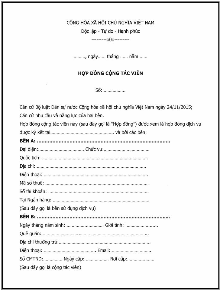 Mẫu hợp đồng cộng t&aacute;c vi&ecirc;n chuẩn