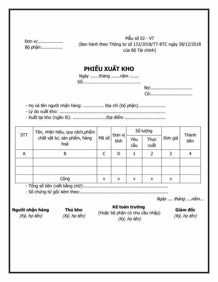 Mẫu phiếu xuất kho mới nhất