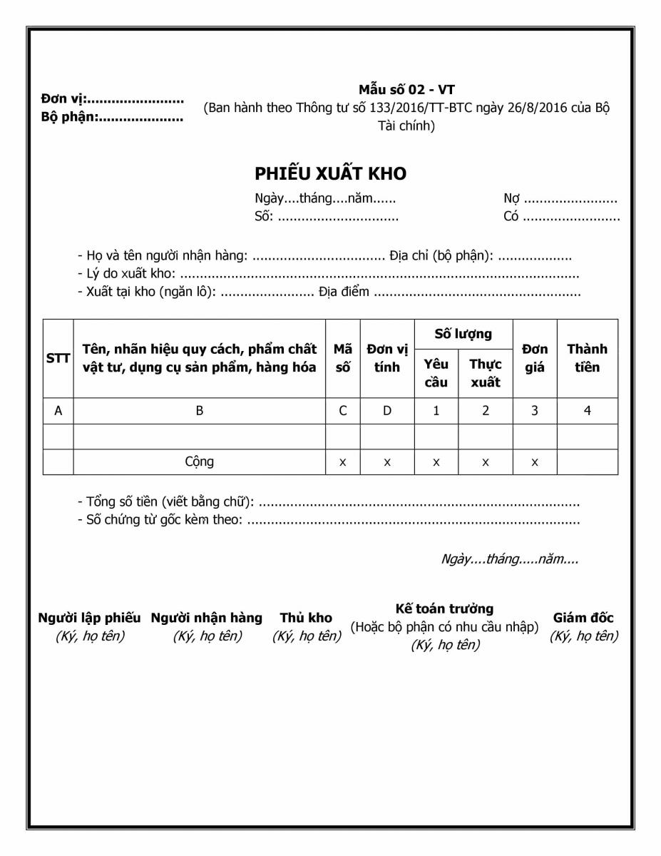 Mẫu phiếu xuất kho theo th&ocirc;ng tư 133