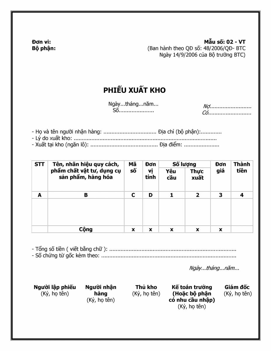 Mẫu phiếu xuất kho theo quyết định 48