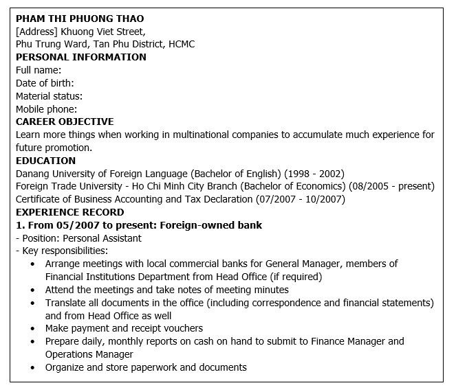 Mẫu sơ yếu l&yacute; lịch tiếng Anh: Sơ yếu l&yacute; lịch c&oacute; đầy đủ c&aacute;c nội dung cần thiết