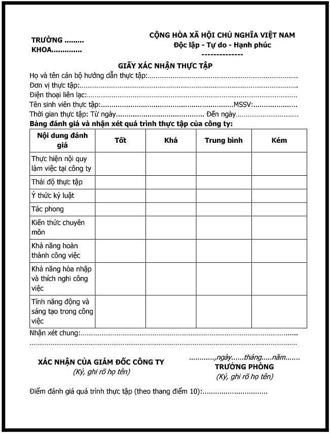 mẫu x&aacute;c nhận thực tập