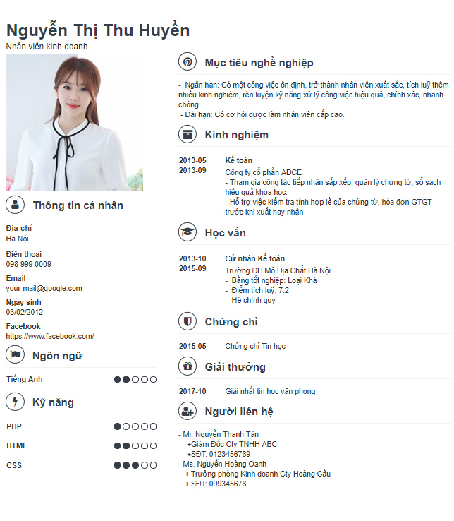 Một bản CV c&oacute; k&egrave;m người li&ecirc;n hệ