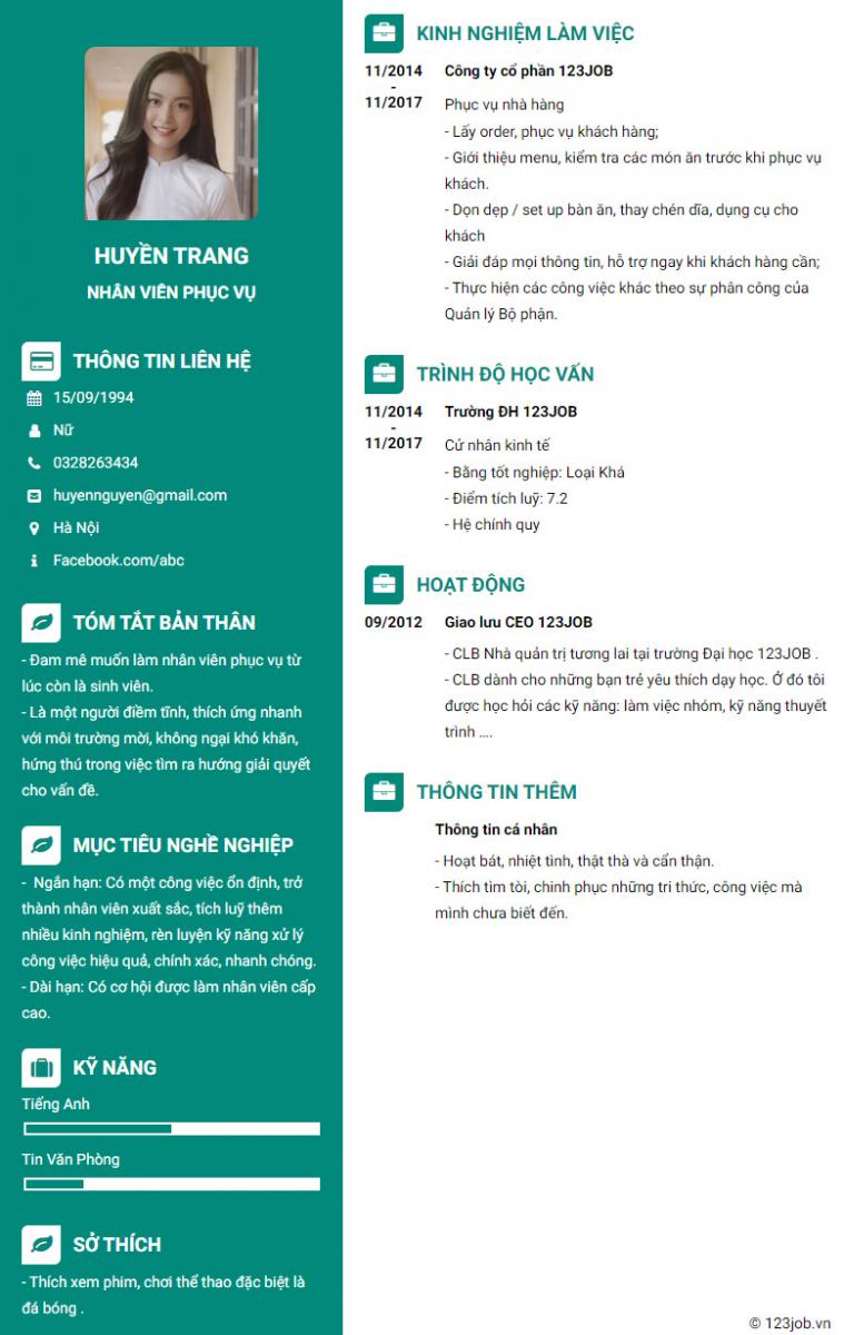 Mẫu cv nh&acirc;n vi&ecirc;n phục vụ