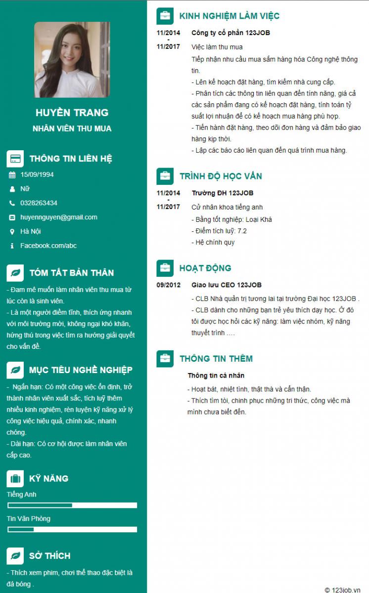 Mẫu cv nh&acirc;n vi&ecirc;n thu mua