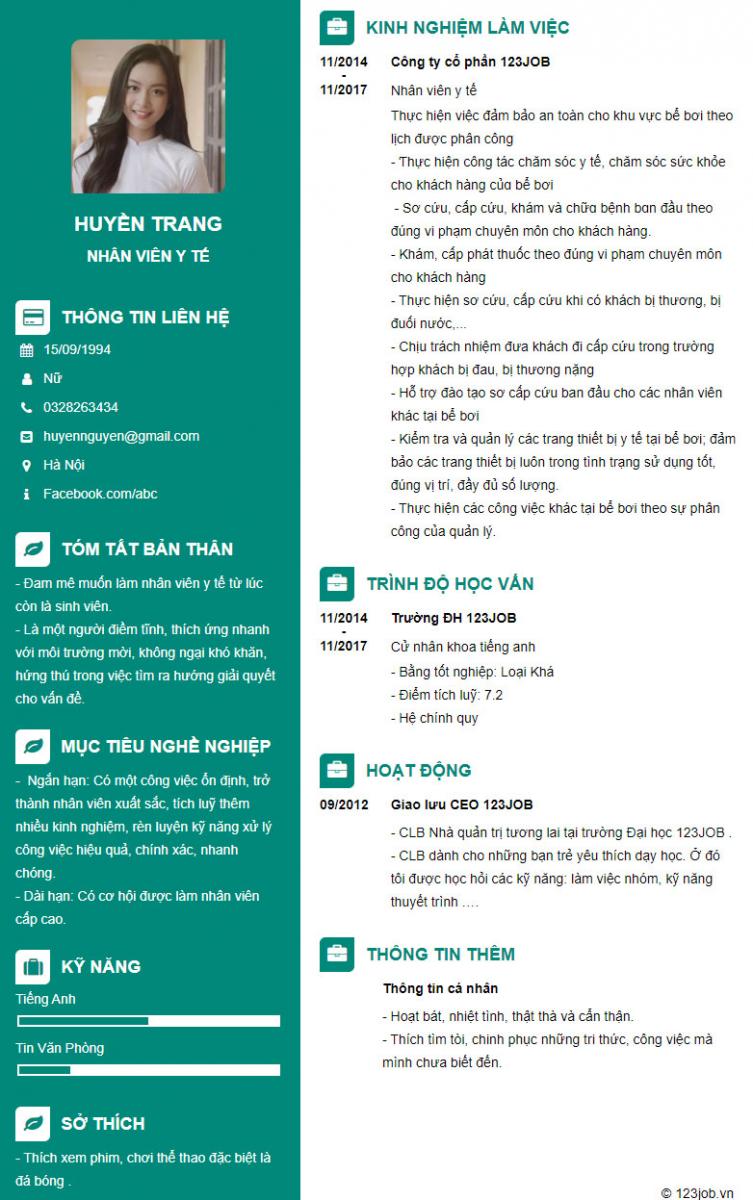 Mẫu cv nh&acirc;n vi&ecirc;n y tế