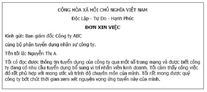 V&iacute; dụ về phần mở đầu trong một mẫu đơn xin việc viết tay chuẩn