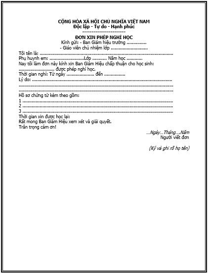 Đơn xin nghỉ học của phụ huynh