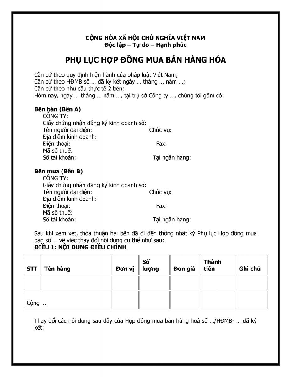 Mẫu phụ lục hợp đồng mua b&aacute;n