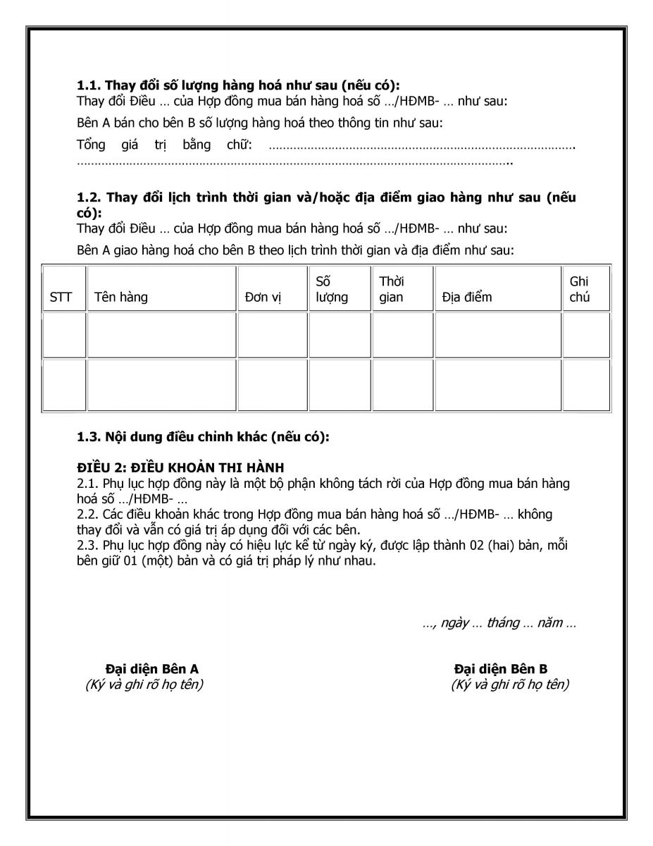 Mẫu phụ lục hợp đồng mua b&aacute;n