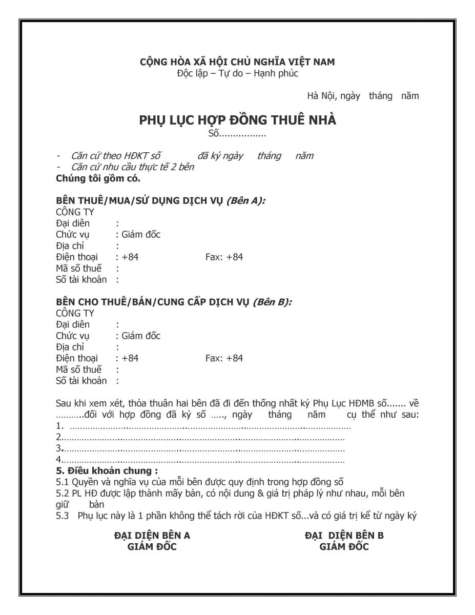 Mẫu phụ lục hợp đồng thu&ecirc; nh&agrave;