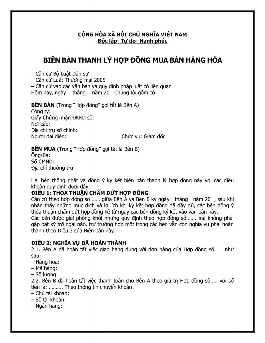 Mẫu biên bản thanh lý hợp đồng mua bán