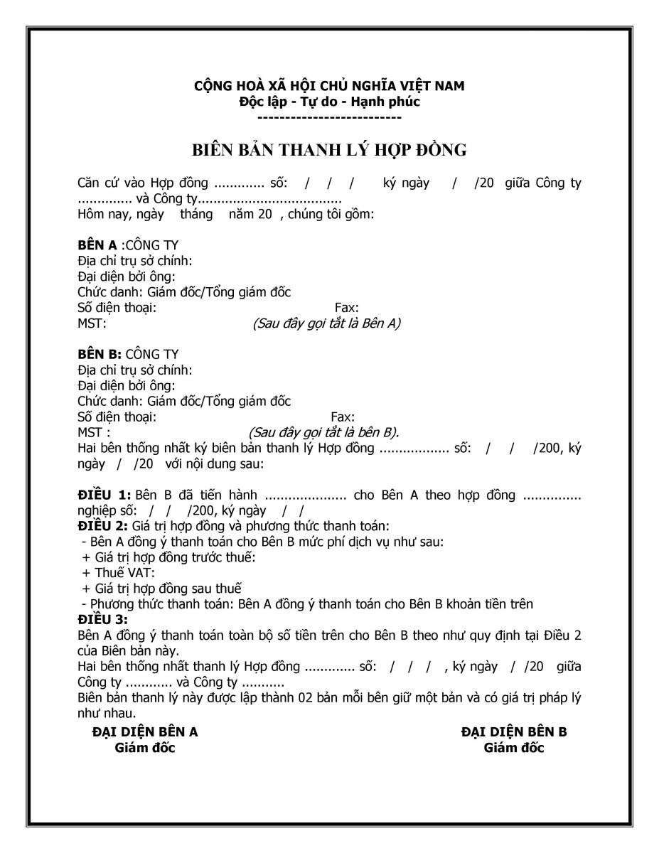 Mẫu biên bản thanh lý hợp đồng