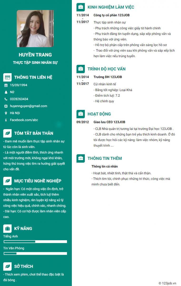 mẫu cv thực tập sinh nh&acirc;n sự