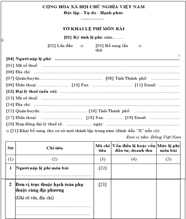 Mẫu khai thu&ecirc; m&ocirc;n b&agrave;i