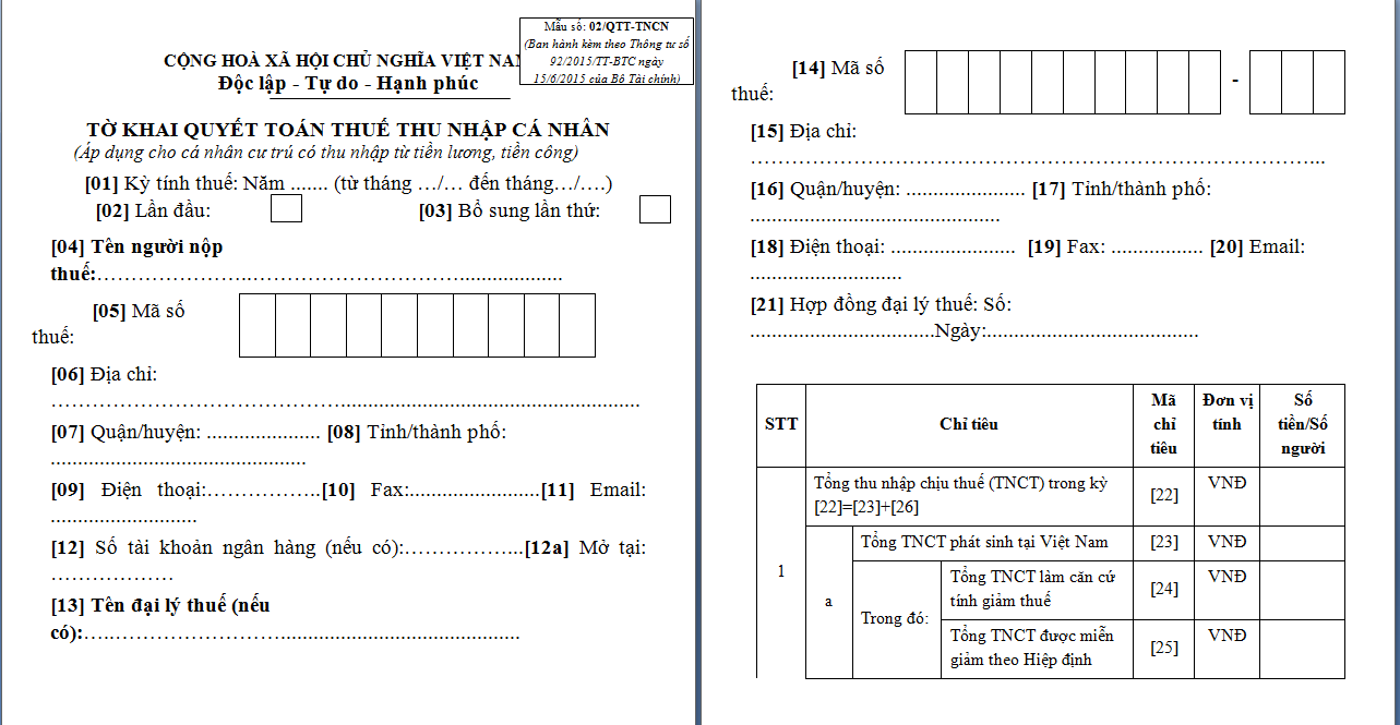 tờ khai thuế tnca